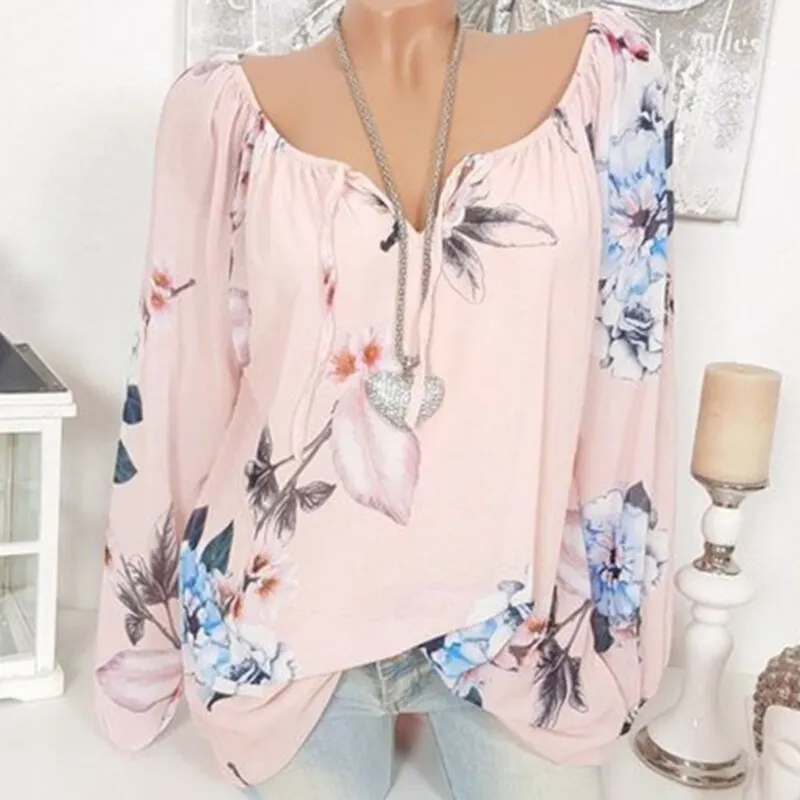 Fashion Floral Print Women Blouse Trendy Long Sleeve Blouse Tops Lace Up Plus Size Off Shoulder Shirts