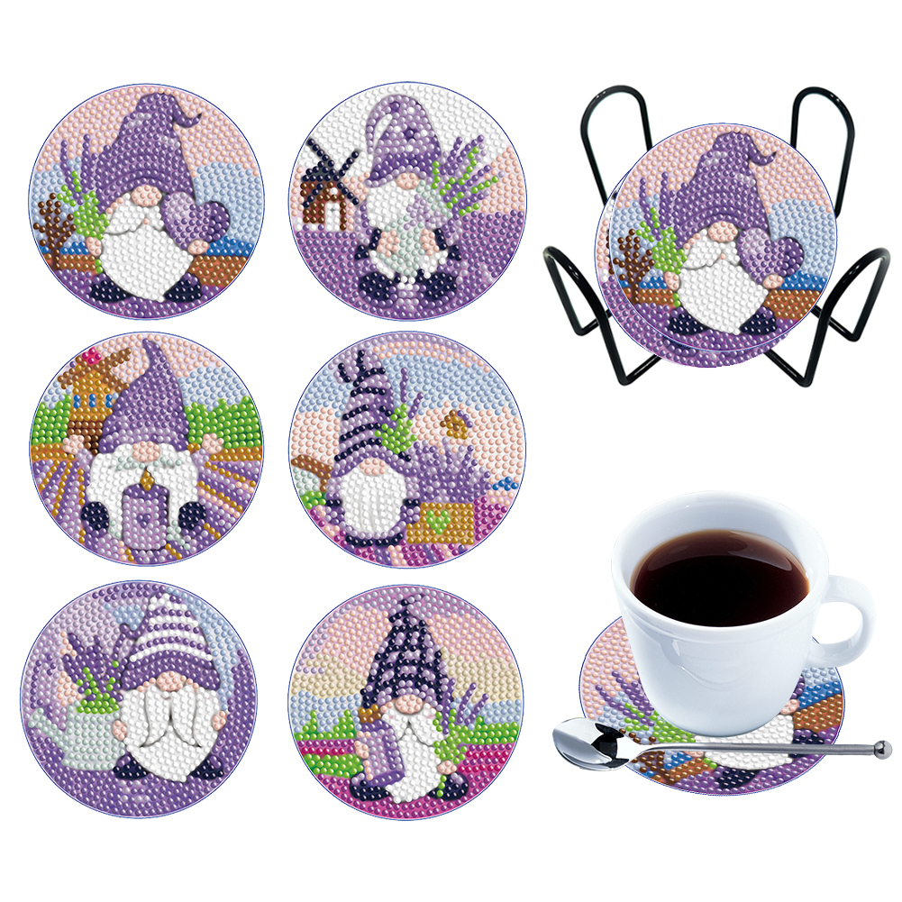 6PCS Diamond Crafts Coasters Diamond Painting Art Coasters (Lavender Gnome)