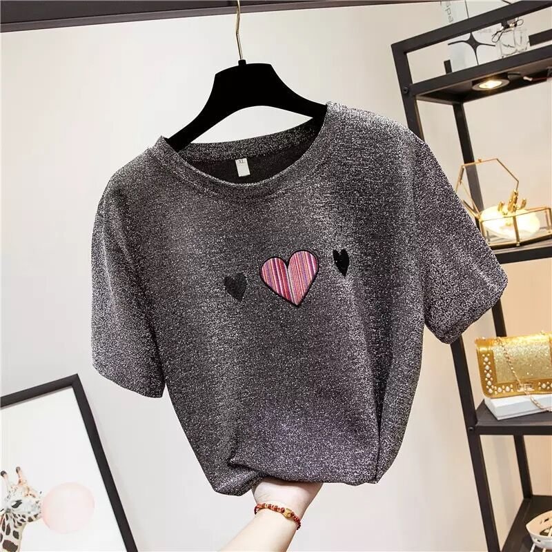 Shiny Oversized T Shirt Streetwear Ladies Summer Tops Embroidery Heart Korean Clothes Short sleeve