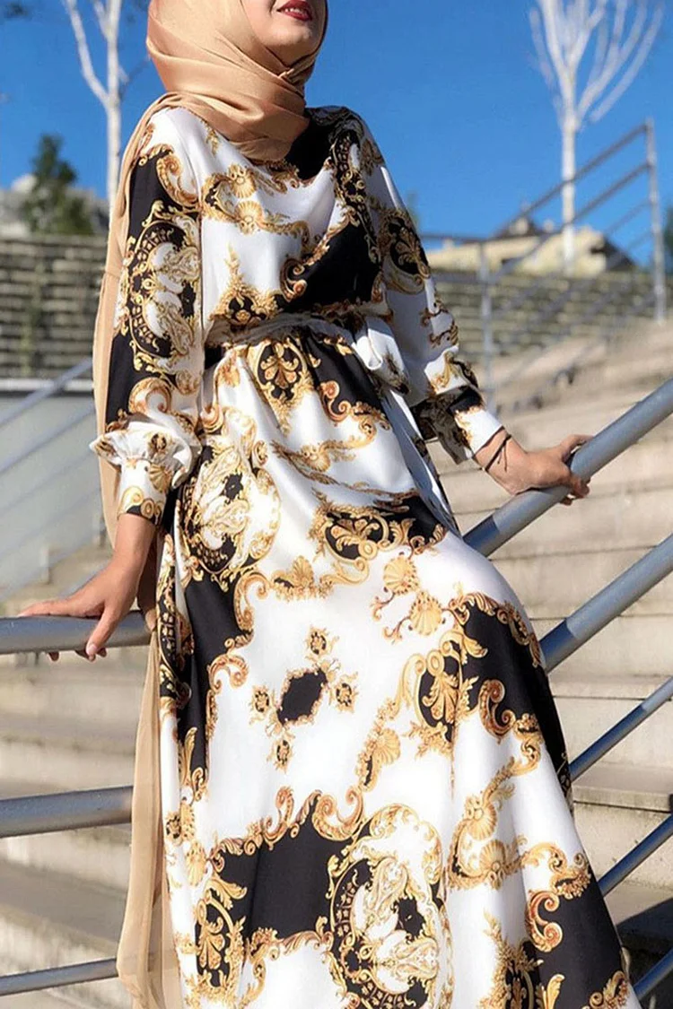 Colorblock Pattern Print Long Sleeve Tied Up Round Neck Maxi Dresses