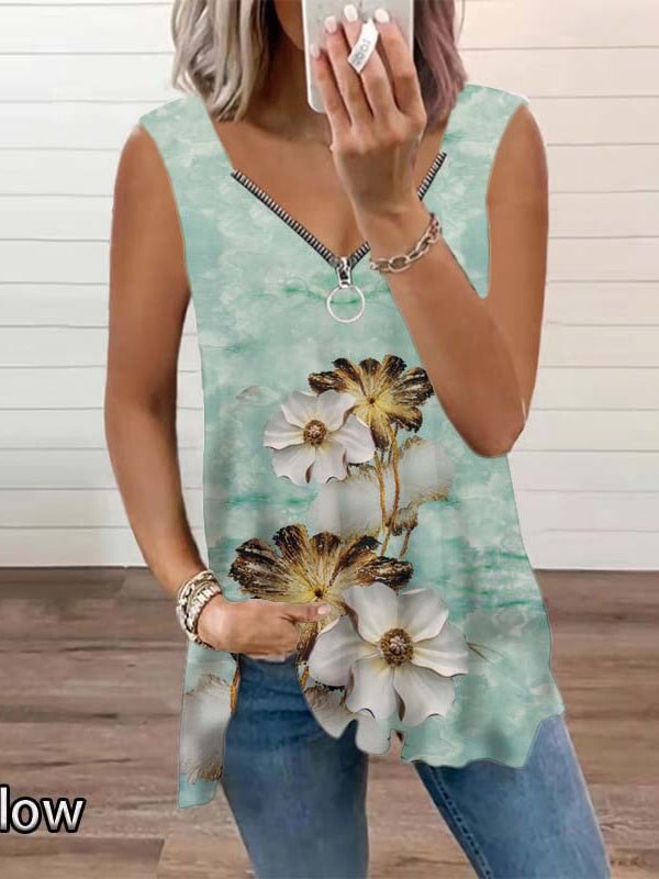 Women Sleeveless V-neck Floral Printed Tops
