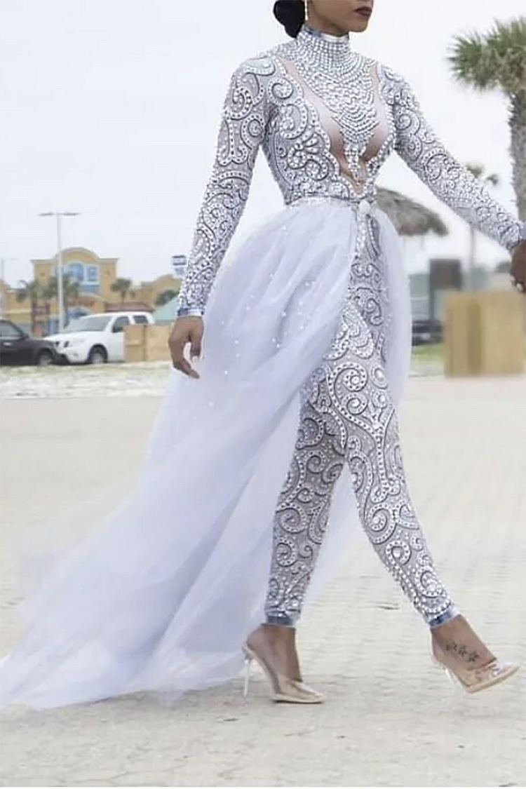 Plus Size Wedding Jumpsuit White All Over Print Mock Neck With Tulle Jumpsuit