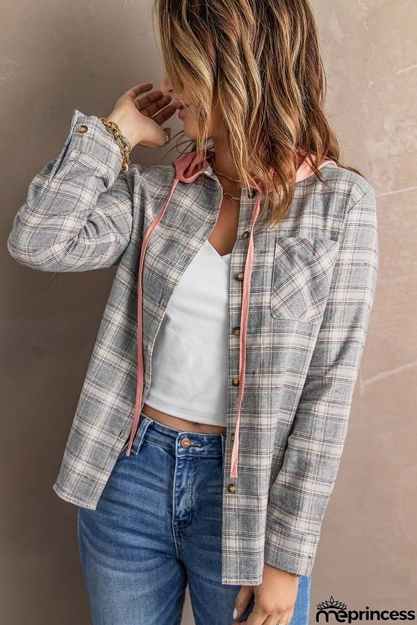 Drawstring Plaid Hooded Shirt Coat