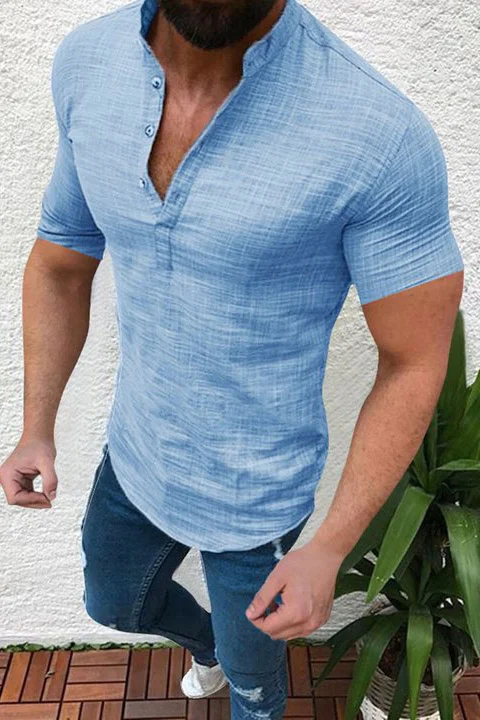 Tiboyz Henley Collar Linen Blend Short Sleeve Shirt