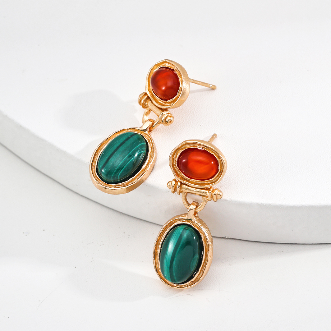 Malachite Red Agate Gold Plated Drop Earrings