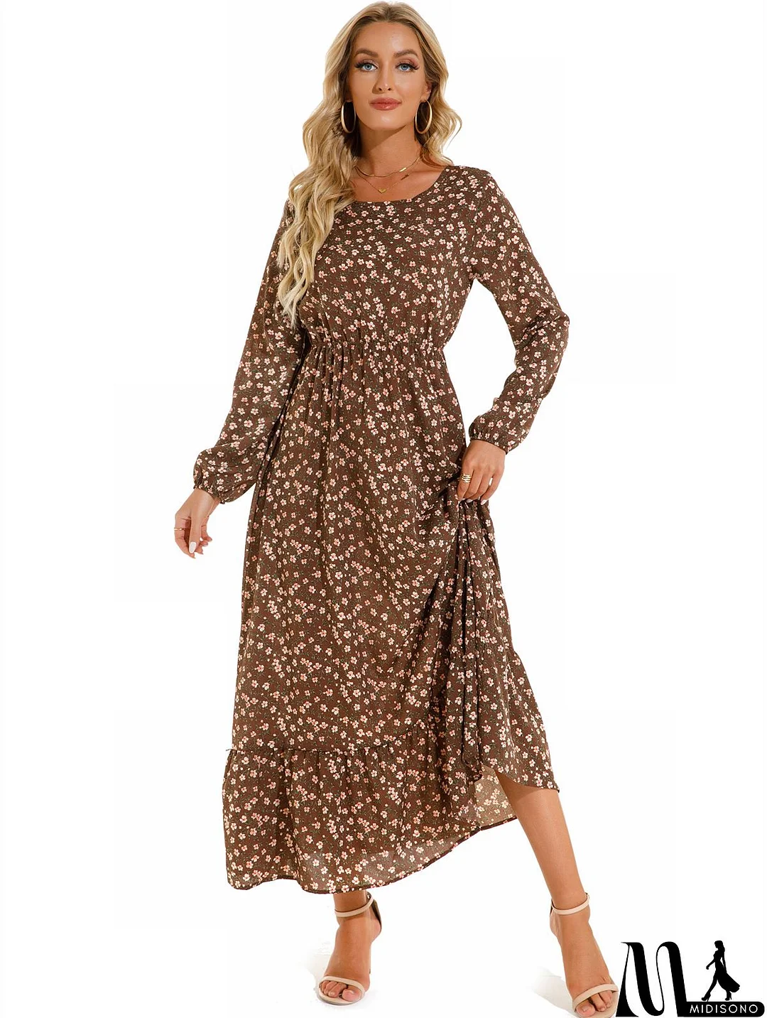 MidiSono - Women Fashion Casual Floral Print Round Neck Long Sleeve Maxi Dress