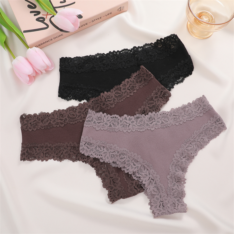 Intbuyer New Lace Seamless Cotton Panties Ribbed Maillard Brazilian Pants LowWaist Women Panties Breathable Girls Underwear Soft Lingerie