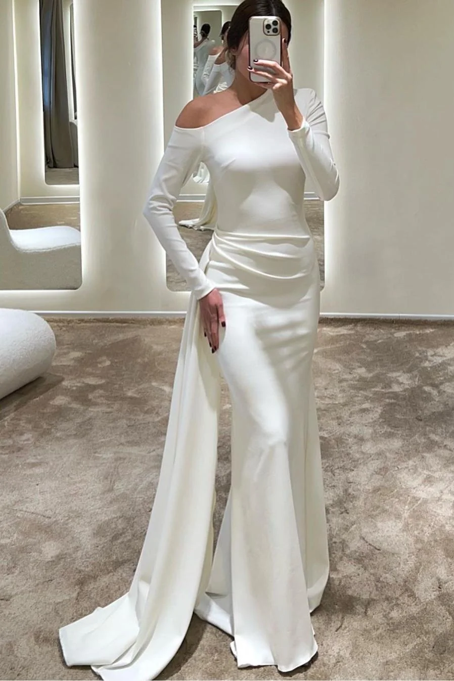 Daisda Amazing White Satin Long Sleeves Slim Long Mermaid Prom Dress with Pleated