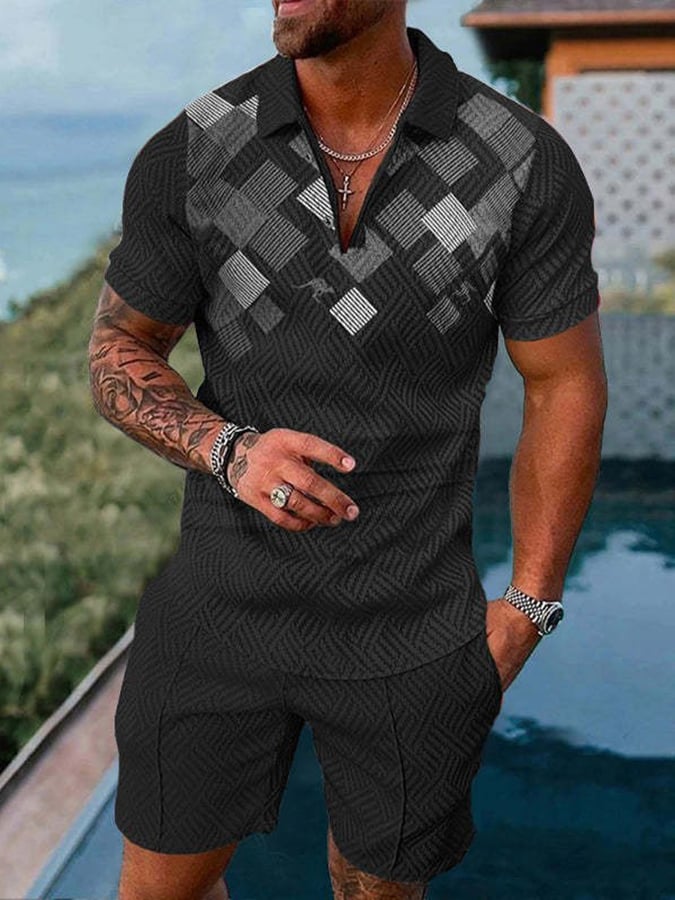 Men'S Casual Zipper Lapel Polo Short-Sleeved Suit