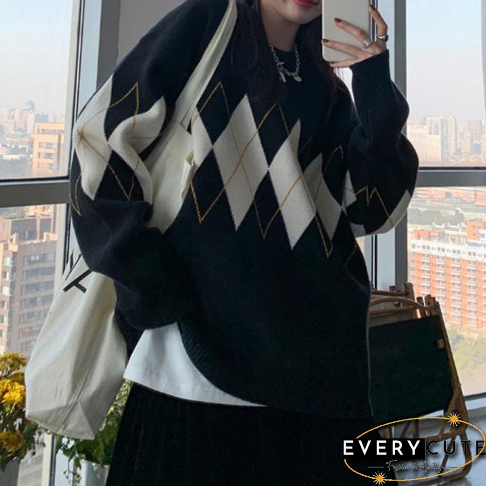 Women Argyle Knitted Sweater Autumn Winter O Neck Oversized Pullovers Korean Preppy Style Loose Jumper Female Sweaters