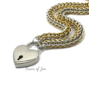 pornhint Pornhint Submissive Day Collar Silver and Gold Chainmail Slave Collar Heart Padlock