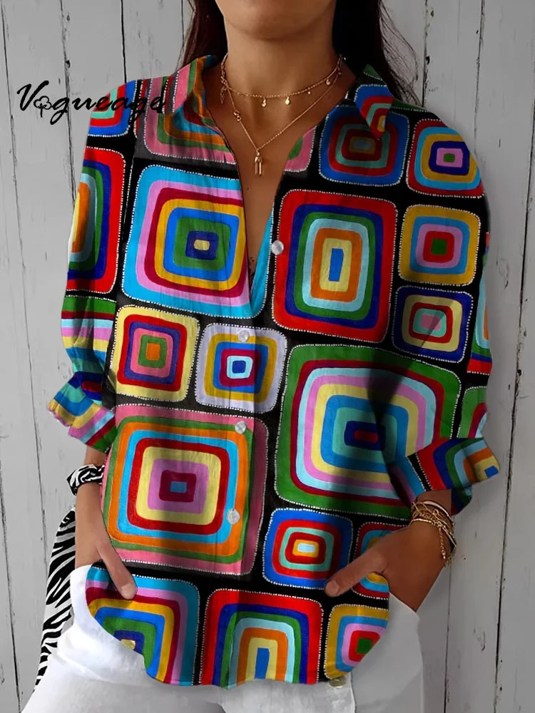 Fashion Colorful Square Stitching Printed Cotton And Linen Shirt