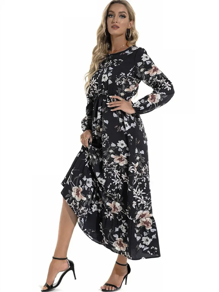 Autumn and Winter Long Sleeve Long Elegant Printed Round Neck Floral Dress Temperament Commuter Women's Clothing-Mixcun