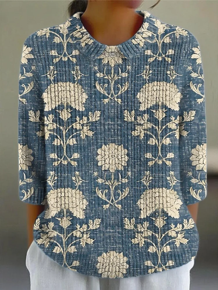 Women's Vintage Floral Art Print Casual Pullover Sweater
