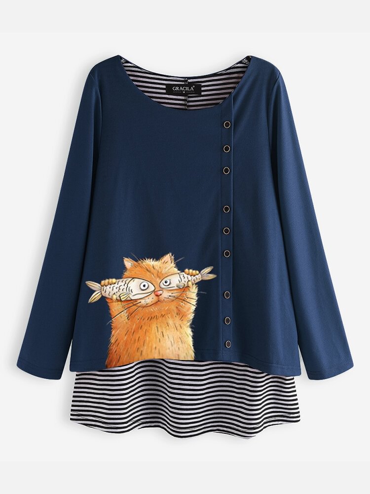 Cartoon Cat Stripe Fake Two Pieces Long Sleeve Blouse P1568663