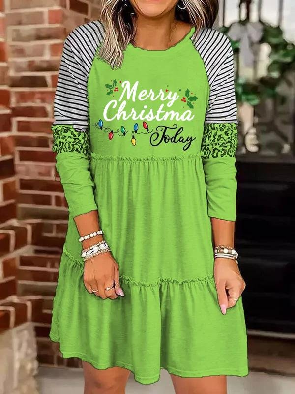 Women's Merry Christmas Printed Long Sleeve Round Neck Dress