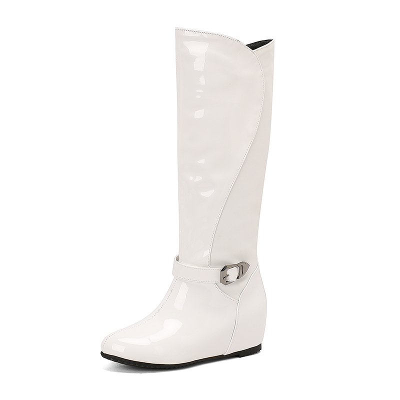 GOOSHOE Glossy Patent Leather Round Toe Sloping Heel Slip-On Women's Knee High Boots Ankle Metal Belt Buckle Boots