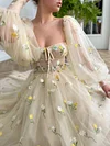 Cream French Chiffon Ball Gown Puff Lantern Sleeve Tulle A Line Prom Dress Yellow Flower Floral Print Embroidery Sweetheart Corset Boho Robe