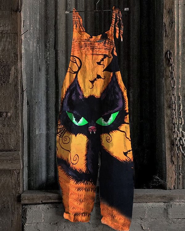 Halloween Black Cat Print Linen Cotton Jumpsuit