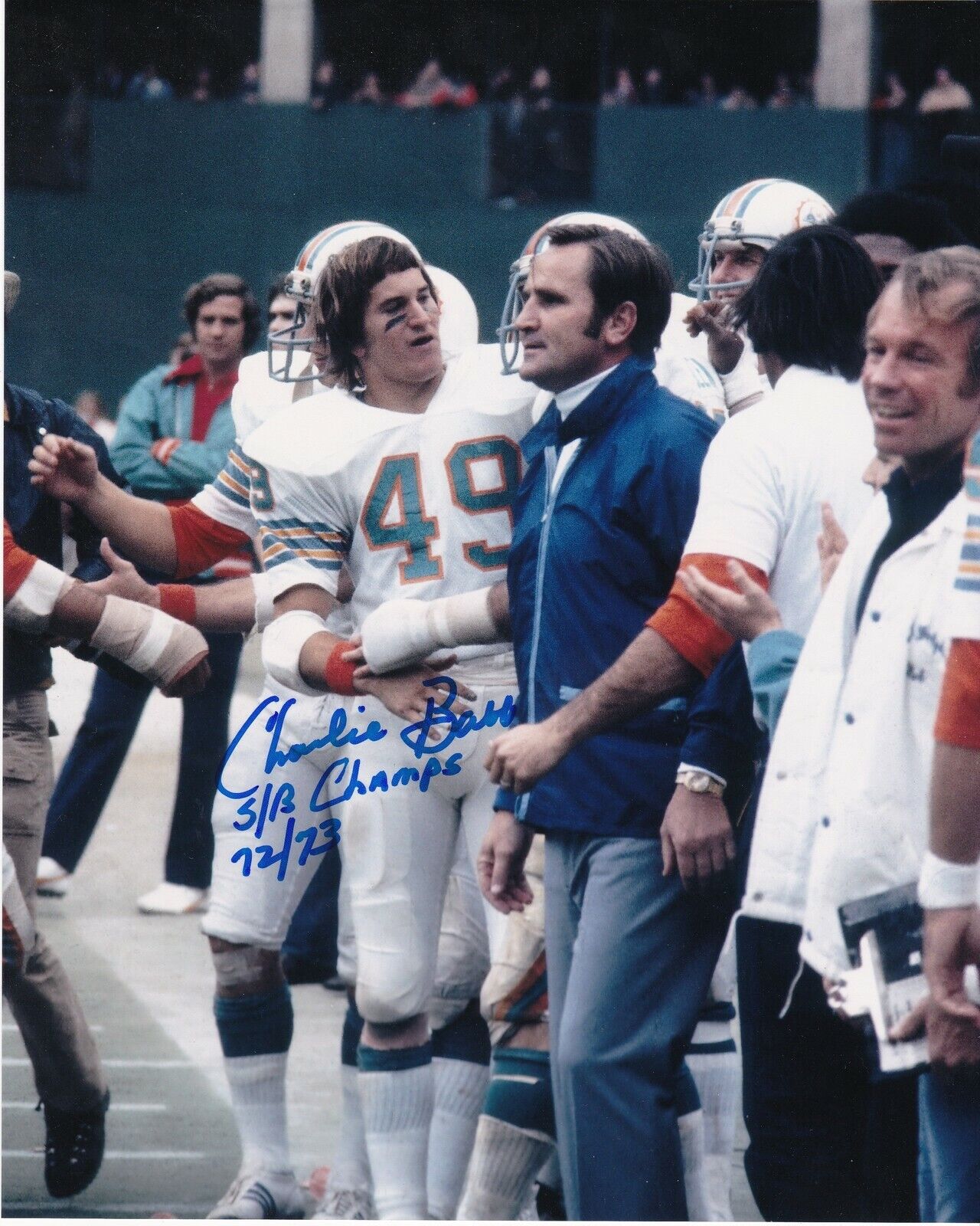 CHARLIE BABB MIAMI DOLPHINS SB CHAMPS 72/73 ACTION SIGNED 8x10