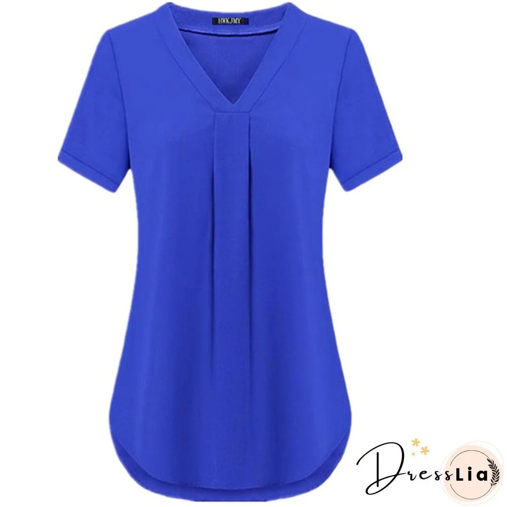 Women's Fashion Summer Sexy V-neck Short Sleeve Shirt Solid Color Loose Pleated Chiffon T-shirt Tops Blouse Plus Size S-6XL