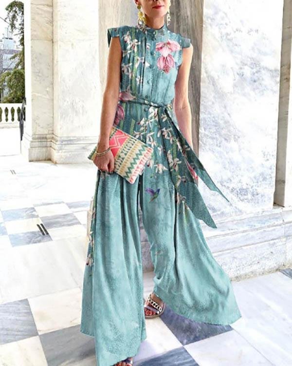 Women Elegant Print Button Tie Waist Belted Wide Leg Jumpsuit