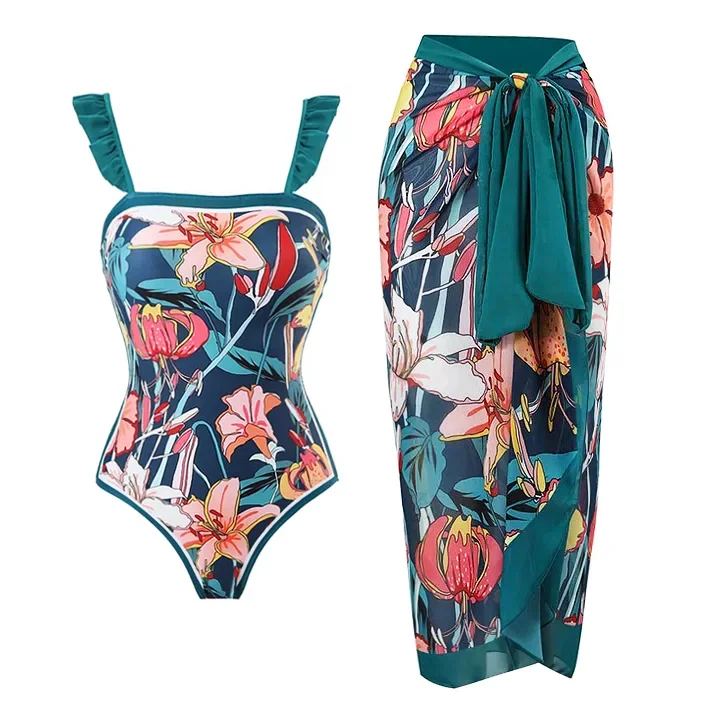 Ruffle Printed One Piece Swimsuit and Sarong Flaxmaker