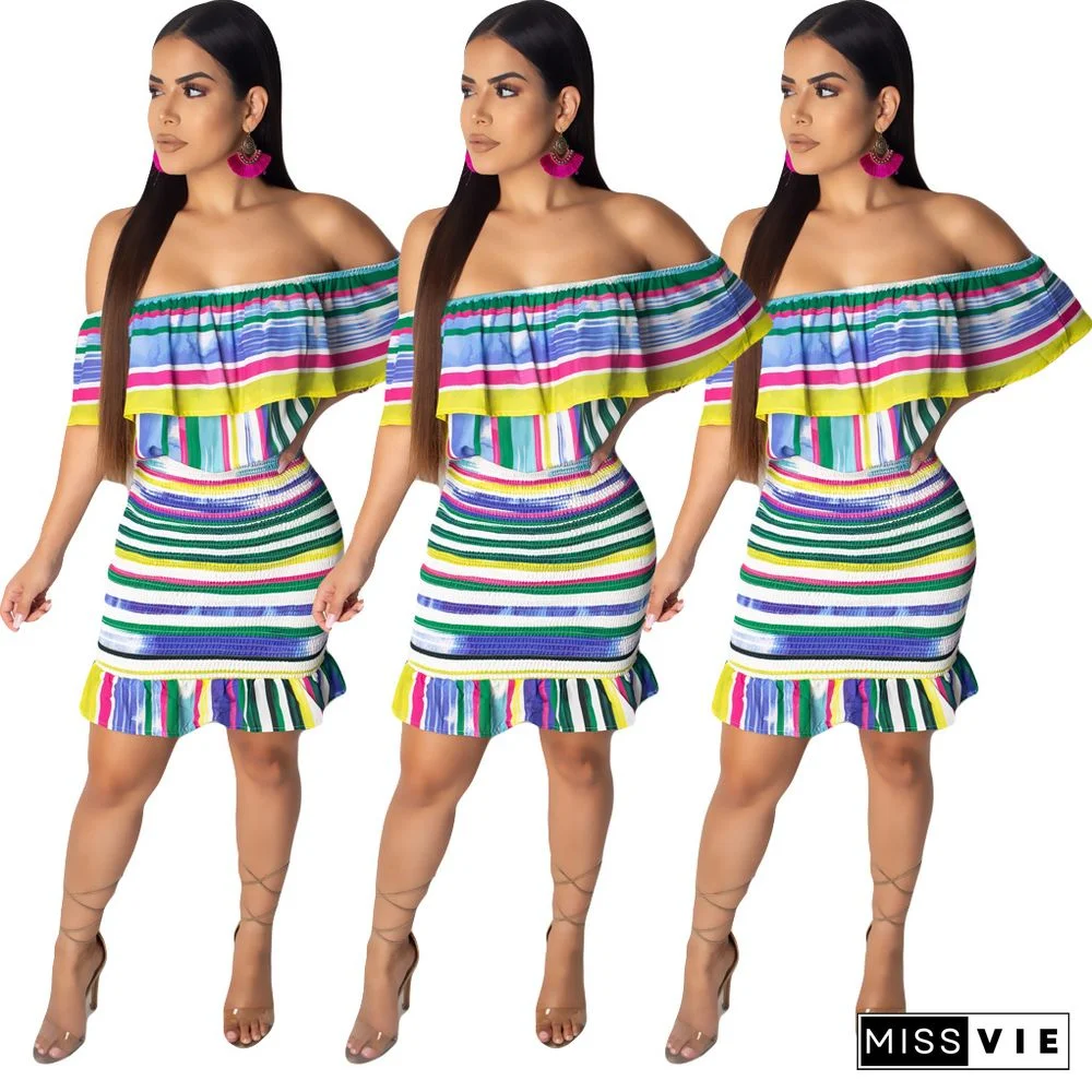 Colorful Stripes Off Shoulder Ruffles Skinny Mini Dress