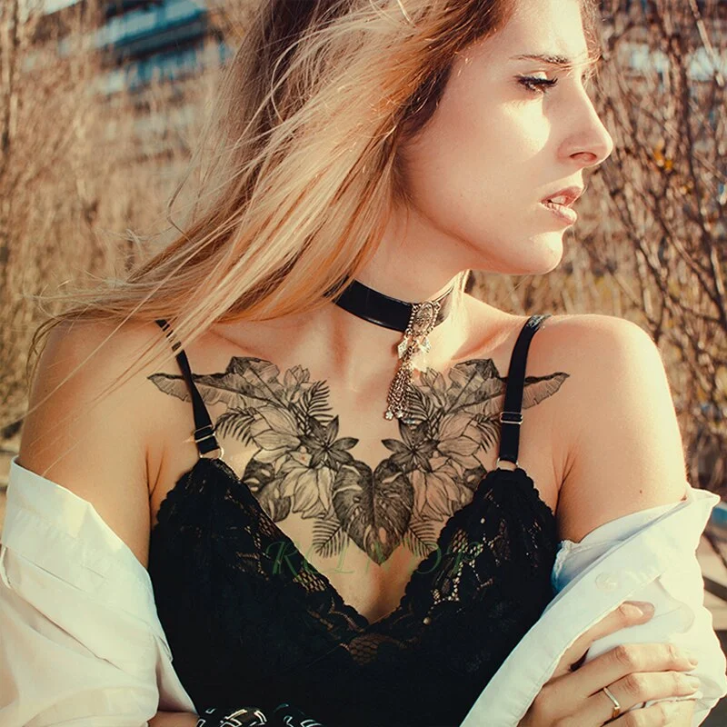 Sdrawing Temporary Tattoo Sticker leaf flower plant black sketch Fake Tatoo Breast Chest Back Belly Flash Tatto For Women Girl