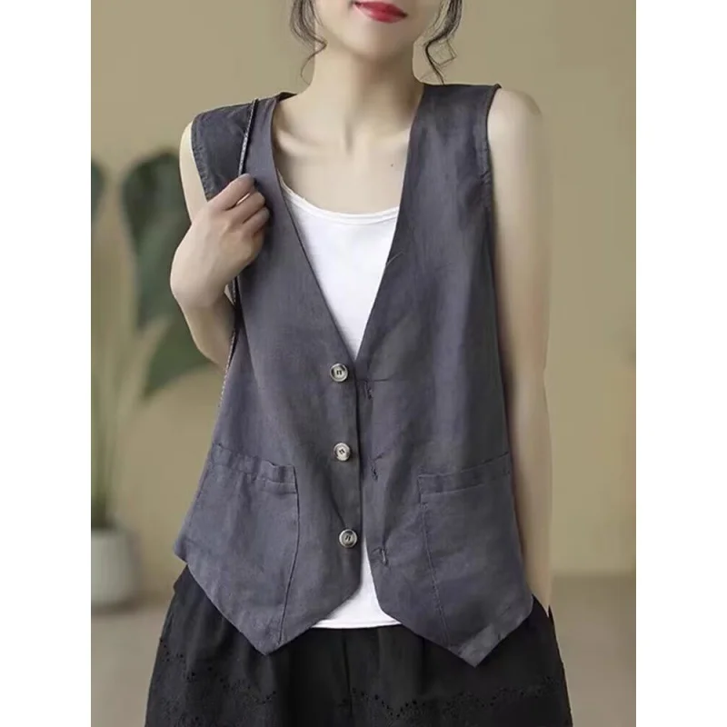 Brownm Brownm Retro Art Hook Sleeveless Vest Lady Loose V Collar Horse Clip Single Buckle Cardigan Shirt