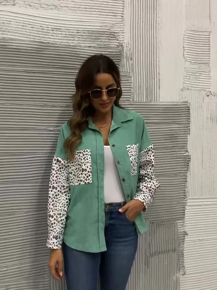 Women's Jacket Leopard Print Stitching Corduroy Casual Shirt