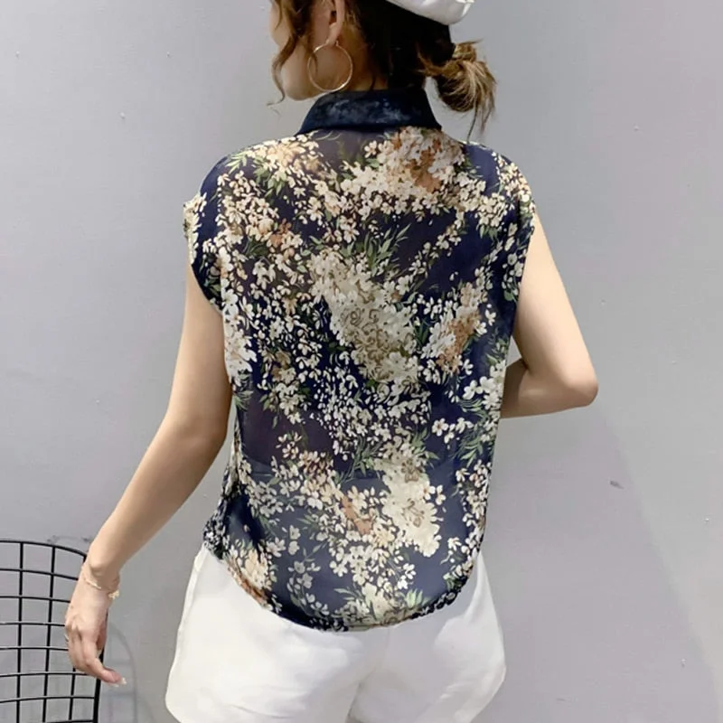 Casual Sleeveless Print Blouse Spring Summer New Floral Chiffon Shirts Women  Plus Size Cardigan Ladies Tops Blusas Mujer 10225