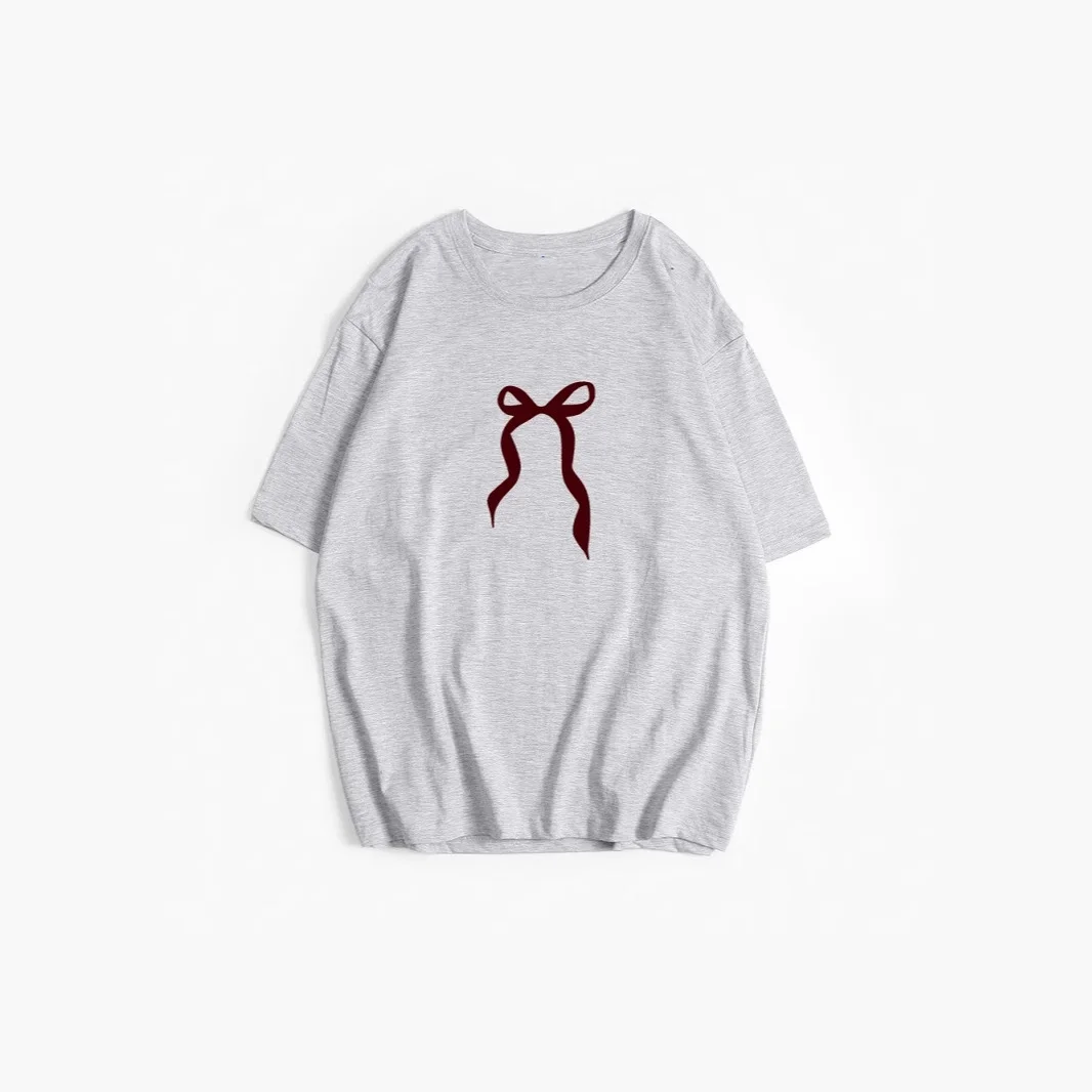 Athvotar Athvotar Sale Of Retro Simple Bow Print T-Shirts For Girls In Summer Loose Round-Neck Pure Cotton Short Sleeves