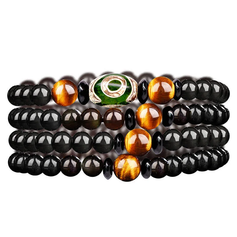 Black Obsidian Dzi Bead Tiger Eye Agate Healing 108 Beads Mala Bracelet