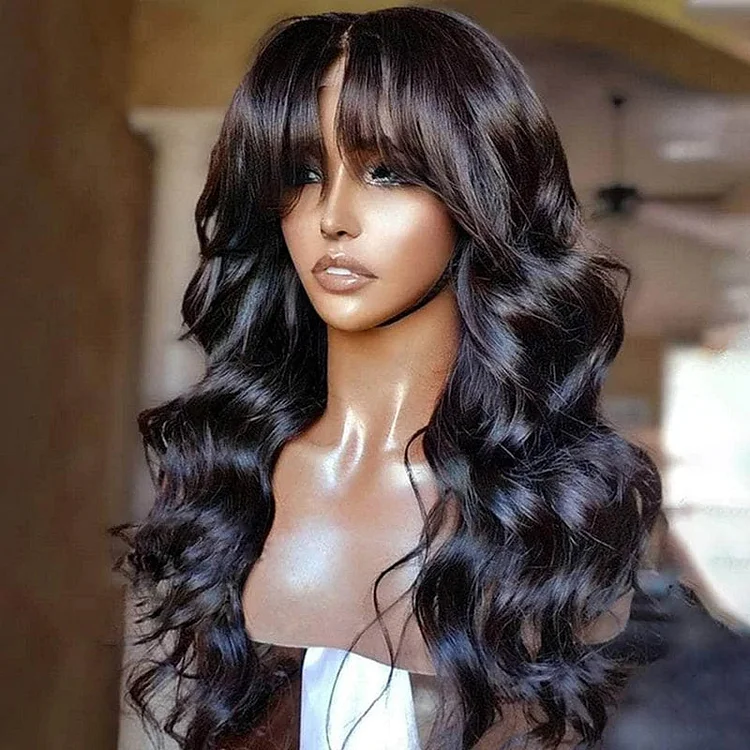 Sleek Body Wave Lace Frontal Wig With Bangs