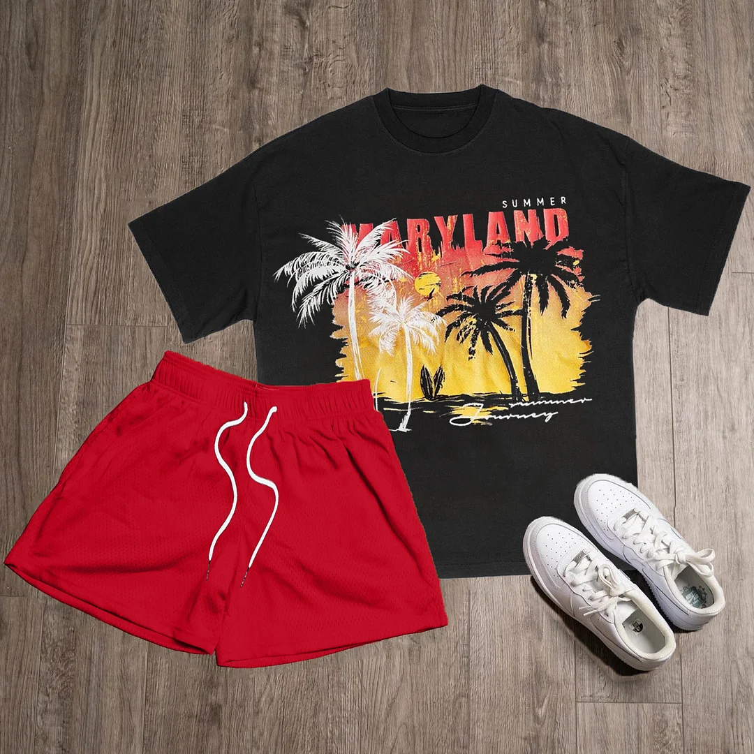 Coconut Palm Print T-Shirt Shorts Two-Piece Set