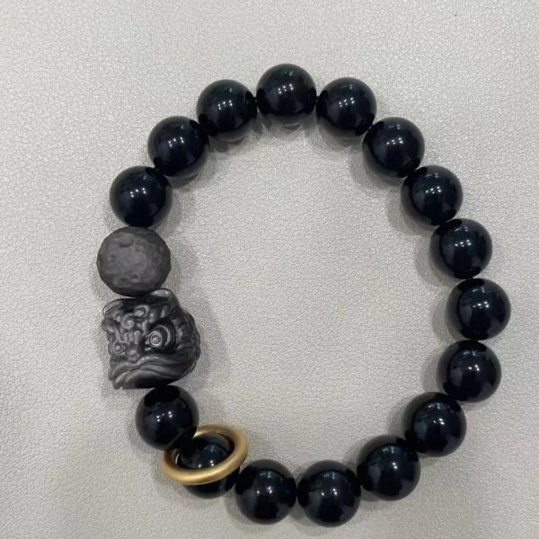 Natural Black Obsidian Waking Lion Meteorite Ethnic Bracelet