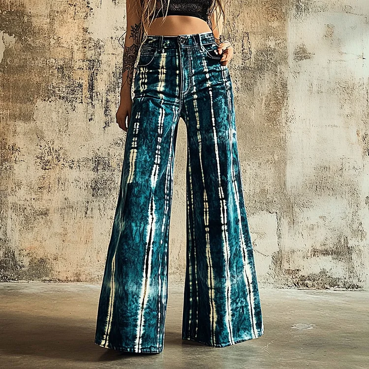Vintage 90s Tie-dye Chain-decorated Denim Print Wide-leg Flared Trousers Casual Pants