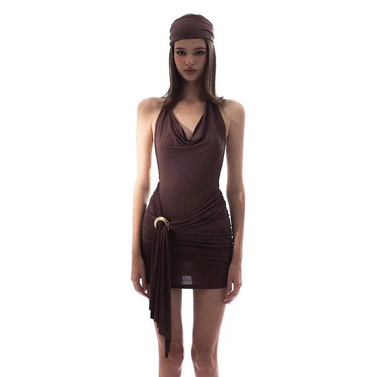 Heart Detail Cowl Neck Mini Dress in Brown