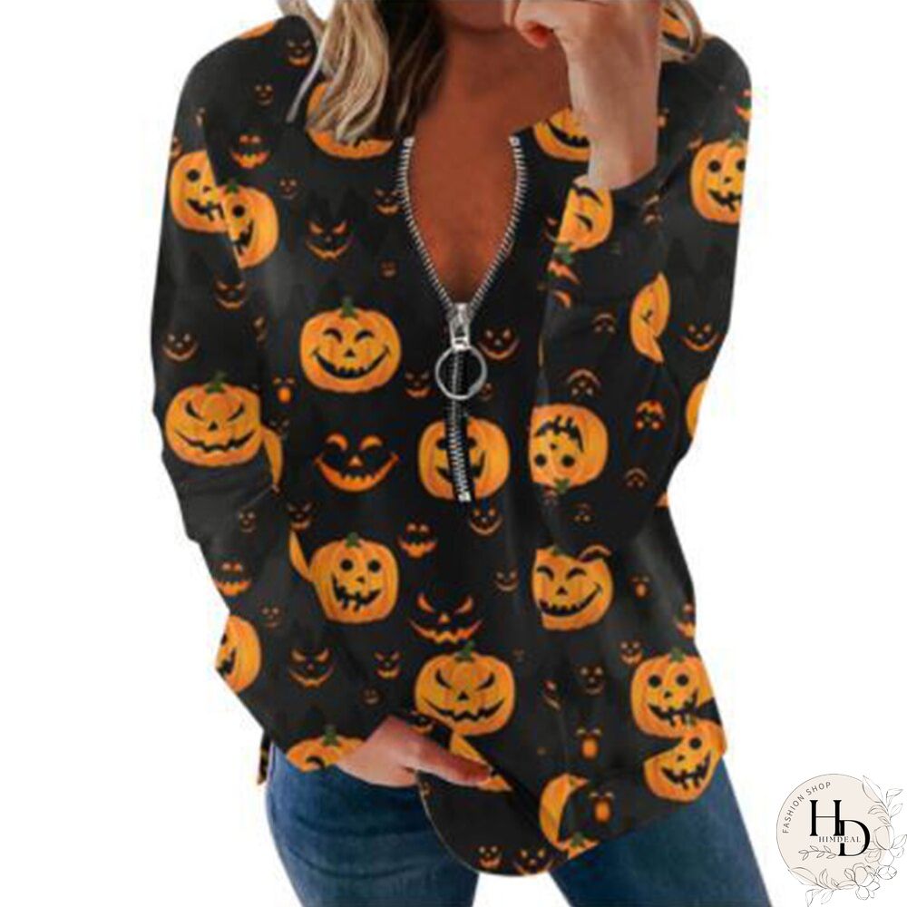 Women Halloween Long Sleeve Sweatshirts Pumpkin Ghost Printed Loose Tops Round-neck Tee