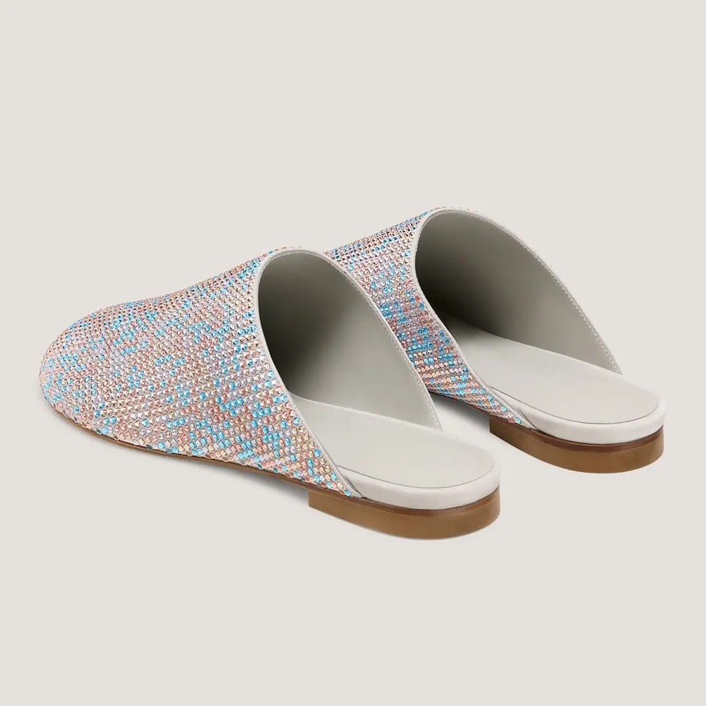 Vegan Suede Colorful Rhinestone Round Toe Slip On Flat Mules
