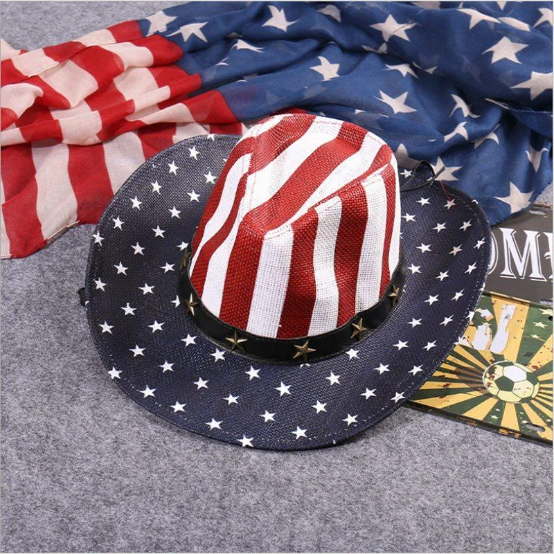 American Flag Vintage Summer Cowboy Hat Unisex Adjustable Jazz Hat Straw Cap