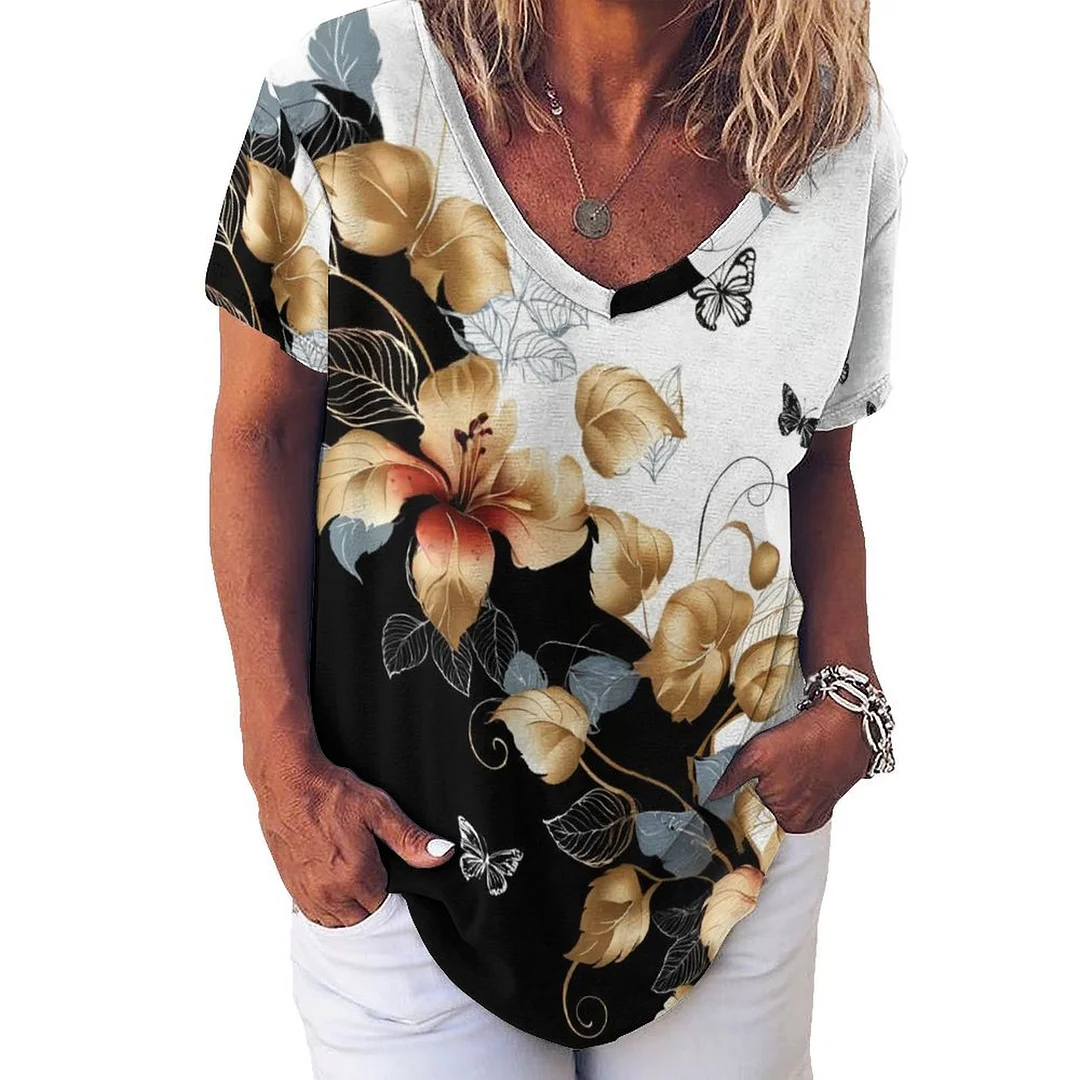 V-neck Short Sleeve Casual T-shirt for  Women Printed with Pattern Floral, Golden, Black