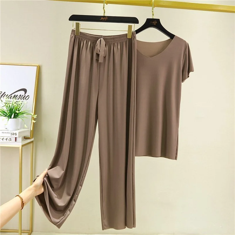 Soft Comfortable Ice Silk Short Sleeve T-Shirt Two Piece Set Loose Wide-leg Pants ( Buy 3 Free Shipping)