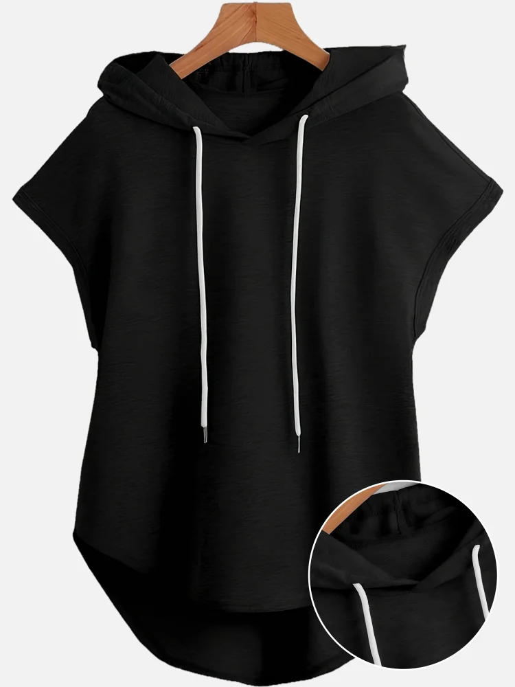Women's Elegant Hooded Sweatshirt - Smooth Polyester Micro Elasticity, Solid Color Curved Hem, Dipped Hem Design | Hand Wash Only | No Lining