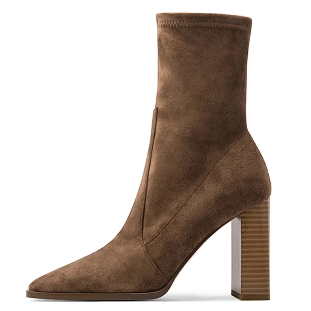 Dark Brown Faux Suede Square Toe Block Heeled Ankle Boots