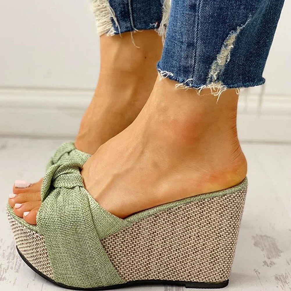 Bow Tied Slip on Leisure Platform Summer Sandals 2020 Wedges High Heels Women Shoes Woman Mules Flip Flops