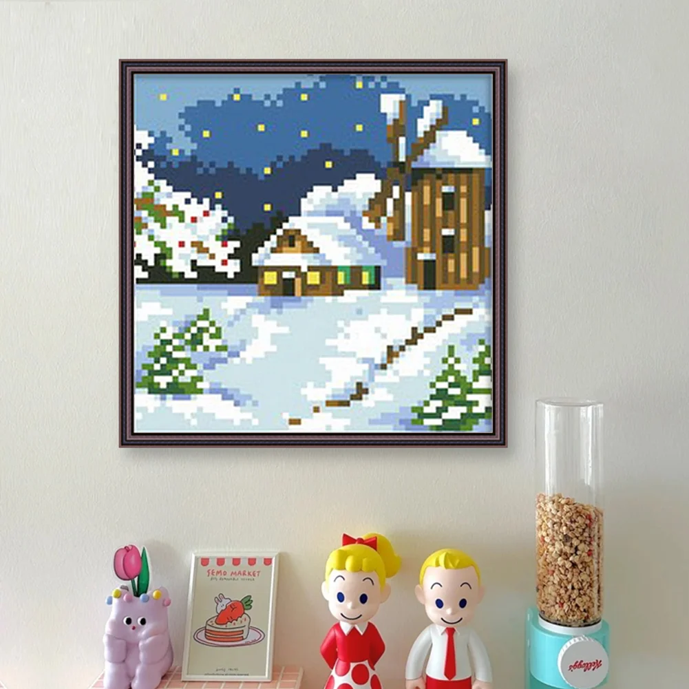 9CT Full Stamped Cross Stitch Bead Embroidery - Landscape Winter(Canvas|17*17CM)