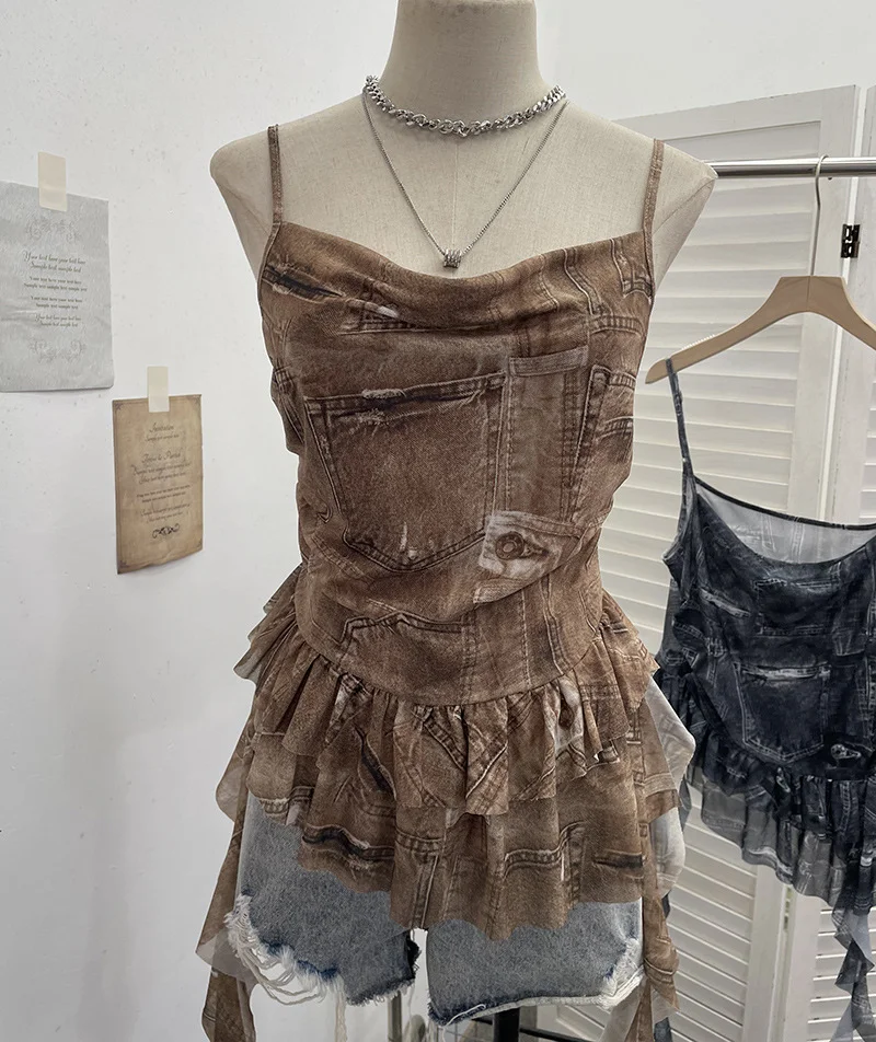 Uveng Real Shoot Spice Girl Swing Network Yarn Print Sling Vest Retivating Lotus Leaf Side Ribbon Short Top 1210