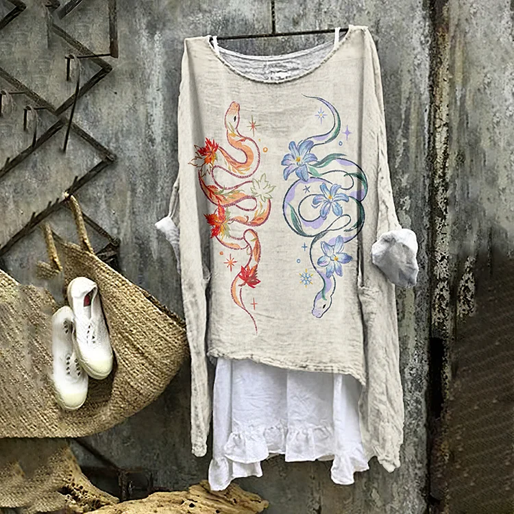 Vintage Classy Snake In Floral Art Linen Blend Tunic